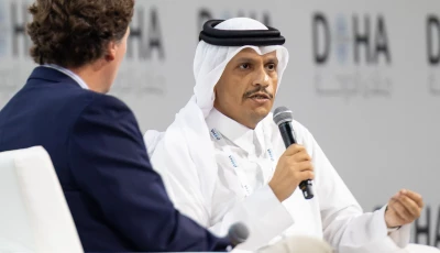 qatari prime minister and foreign minister sheikh mohammed bin abdulrahman bin jassim al thani speaks at the 23rd edition of the doha forum during a session moderated by us journalist tucker carlson photo x