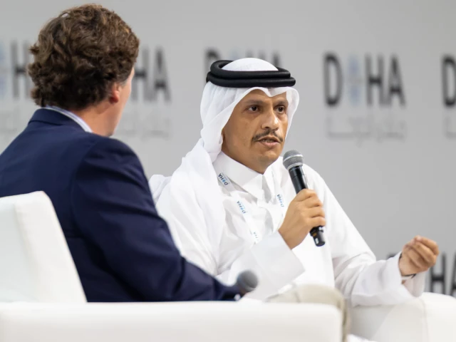 qatari prime minister and foreign minister sheikh mohammed bin abdulrahman bin jassim al thani speaks at the 23rd edition of the doha forum during a session moderated by us journalist tucker carlson photo x qatari prime minister and foreign minister sheikh mohammed bin abdulrahman bin jassim al thani speaks at the 23rd edition of the doha forum during a session moderated by us journalist tucker carlson photo x