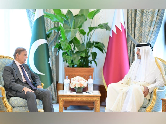 prime minister shehbaz sharif meets qatari emir sheikh tamim bin hamad al thani on thursday in doha photo pid