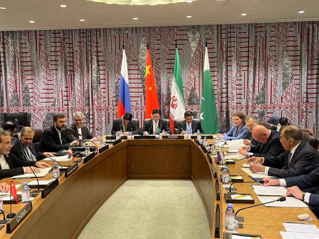 representatives from china iran pakistan and russia attend the fourth quadripartite meeting of foreign ministers held on the sidelines of the 80th united nations general assembly in new york photo x