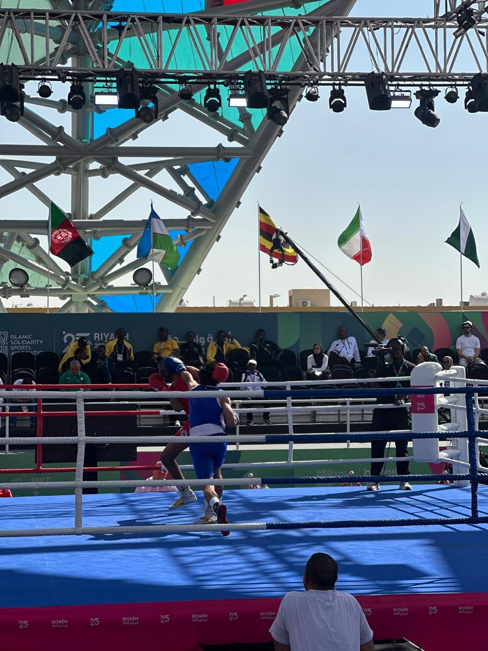 Boxer Qudratullah in action against his Sudanese opponent at the Islamic Solidarity Games 55 kg quarterfinal bout in Riyadh, Saudi Arabia. PHOTO COURTRESY: PBF