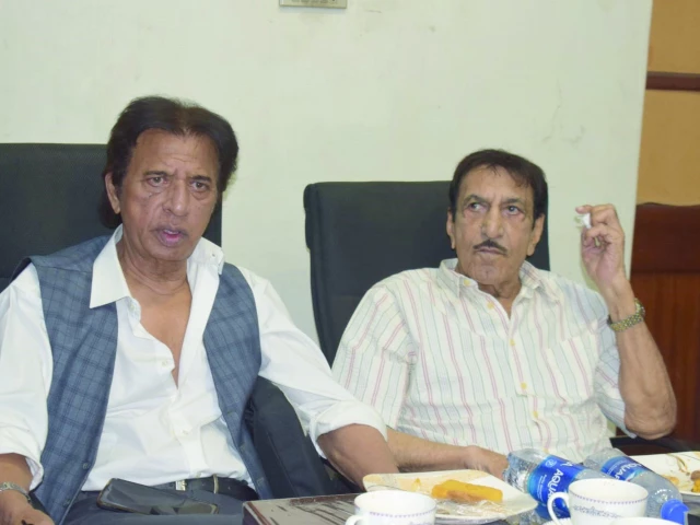 actors ghulam mohiuddin and mustafa qureshi speak during an event at the karachi press club photo express
