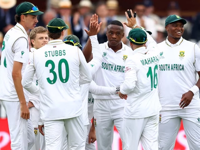 south africa s kagiso rabada celebrates with teammates after taking the wicket of australia s cameron green caught out by aiden markram photo reuters
