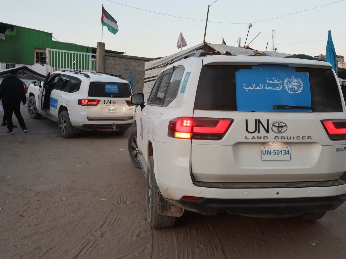 World Health Organization vehicles as patients and war-wounded Palestinians get ready to head towards Kerem Shalom crossing to leave Gaza for treatment abroad, in Khan Younis in the southern Gaza Strip, February 2, 2026. PHOTO: REUTERS/Ramadan Abed