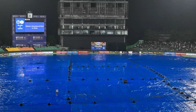 a general view shows the covered pitch after the second twenty20 international cricket match between pakistan and sri lanka was abandoned due to rain at the rangiri dambulla international stadium in dambulla on january 9 2026 photo afp
