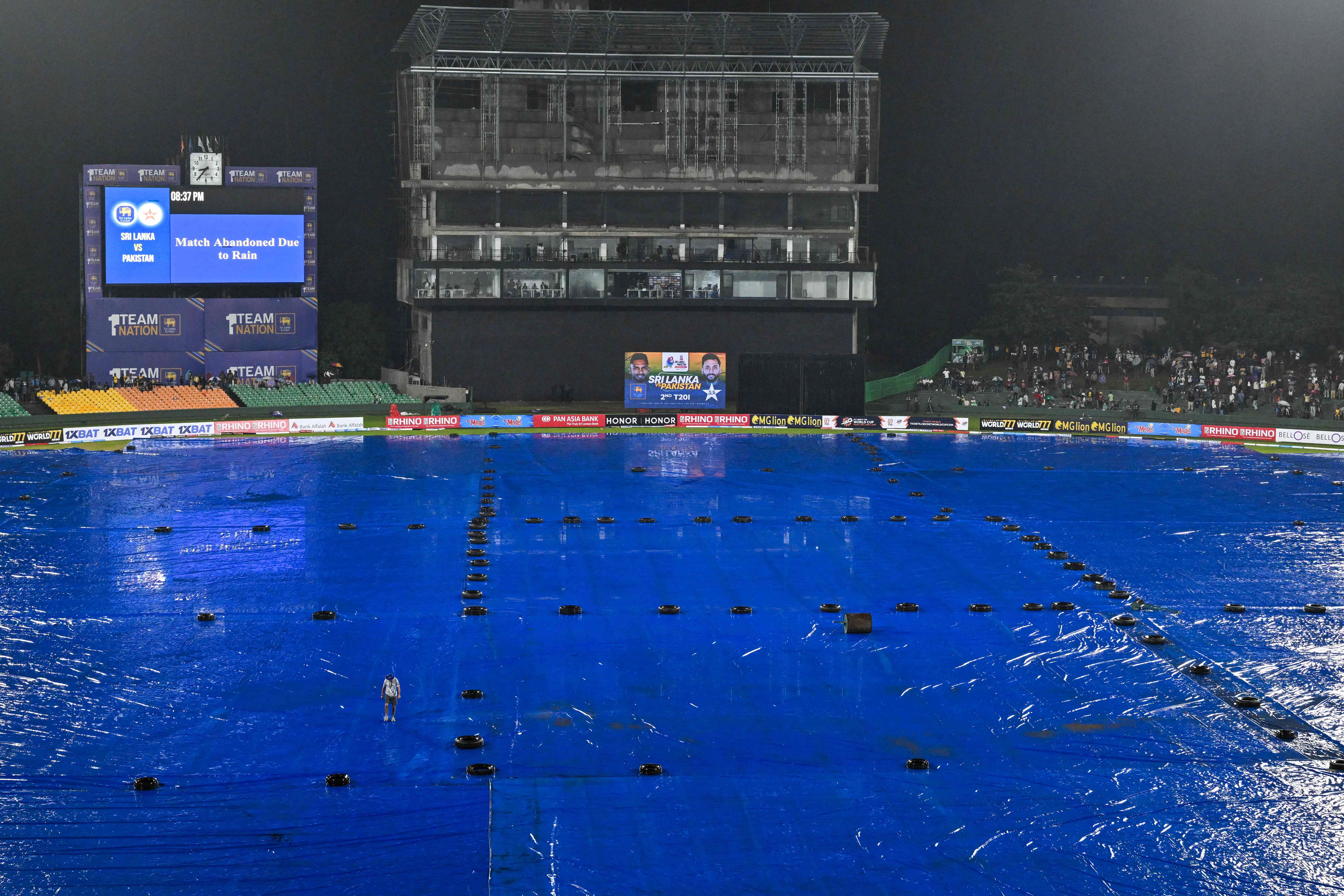 a general view shows the covered pitch after the second twenty20 international cricket match between pakistan and sri lanka was abandoned due to rain at the rangiri dambulla international stadium in dambulla on january 9 2026 photo afp