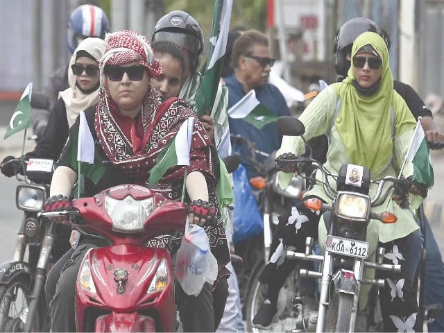 with engines roaring flags flying and ajrak clad women bikers took to the streets in a spirited rally organised by the department of culture and tourism celebrating independence day and marka e haq photo inp with engines roaring flags flying and ajrak clad women bikers took to the streets in a spirited rally organised by the department of culture and tourism celebrating independence day and marka e haq photo inp