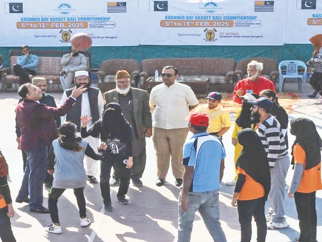 lt col amanullah faiz tosses up a basketball to inaugurate the kashmir day pakistan rangers cup girls boys basketball tournament on thursday photo kba lt col amanullah faiz tosses up a basketball to inaugurate the kashmir day pakistan rangers cup girls boys basketball tournament on thursday photo kba