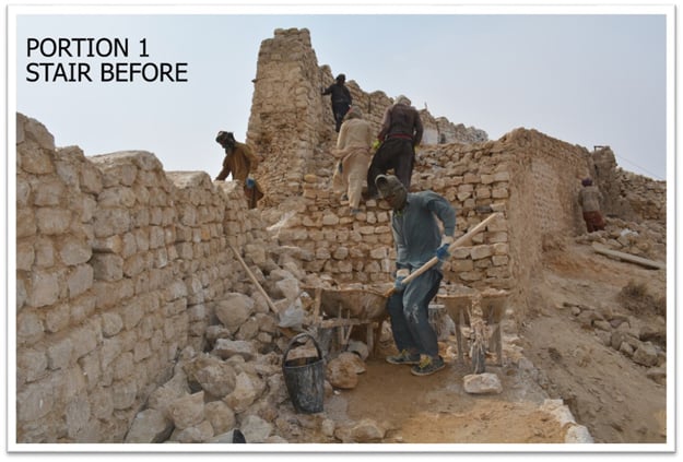 Dilapidated stairs behind a wall of Ranikot Fort before restoration. PHOTO: COURTESY ENDOWMENT FUND TRUST