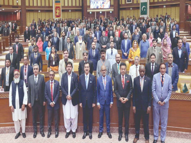 acting president syed yousuf raza gillani and punjab assembly speaker malik mohammad ahmed khan with foreign delegates and members of the national and provincial legislatures photo express