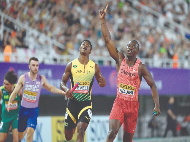 canada s eliezer adjibi reacts as he crosses the finish line in the mixed 4x100m relay final of the world athletics relays in guangzhou china s guangdong province on may 11 photo afp canada s eliezer adjibi reacts as he crosses the finish line in the mixed 4x100m relay final of the world athletics relays in guangzhou china s guangdong province on may 11 photo afp