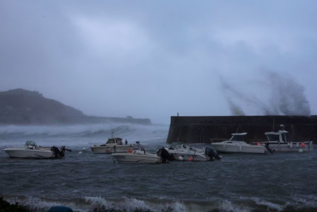 waves crash against the breakwater of the port during storm ciaran at goury near cherbourg normandy france november 2 2023 reuters pascal rossignol acquire licensing rights