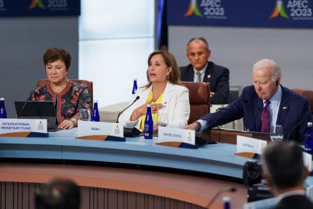 u s president joe biden and international monetary fund imf managing director kristalina georgieva listen as peruvian president dina boluarte speaks at the leaders retreat during the asia pacific economic cooperation apec summit in san francisco california u s november 17 2023 reuters loren elliott acquire licensing rights u s president joe biden and international monetary fund imf managing director kristalina georgieva listen as peruvian president dina boluarte speaks at the leaders retreat during the asia pacific economic cooperation apec summit in san francisco california u s november 17 2023 reuters loren elliott acquire licensing rights
