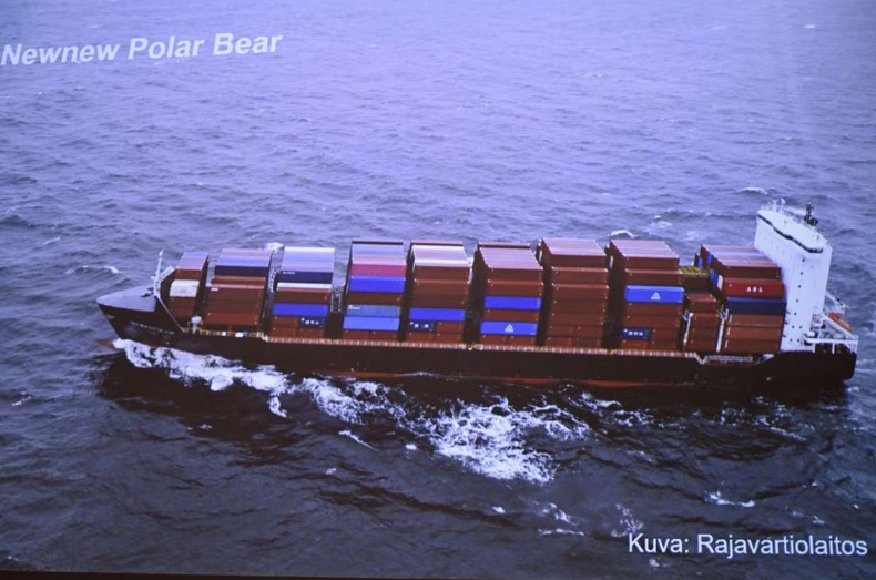 finnish border guard s photo of a hong kong registered cargo ship newnew polar bear which was spotted moving close to the balticconnector gas line during the joint press conference of the investigation of the possible attack on the balticconnector gas line on 8th oct 2023 between finland and estonia at the headquarters of the national bureau of investigation in vantaa finland 24 october 2023 lehtikuva heikki saukkomaa via reuters acquire licensing rights