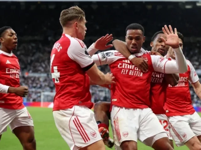 arsenal s gabriel magalhaes celebrates scoring their second goal with teammates in a premier league match against newcastle united photo reuters