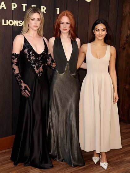 Lili Reinhart, Madelaine Petsch and Camila Mendes beamed with joy as they posed for photos, celebrating their reunion nearly a year after Riverdale concluded. (Image Shutterstock via Daily Mail)