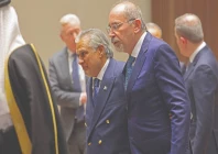 deputy prime minister and foreign minister ishaq dar and jordan s foreign minister ayman safadi attend the consultative ministrial meeting in riyadh photo afp