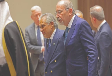 deputy prime minister and foreign minister ishaq dar and jordan s foreign minister ayman safadi attend the consultative ministrial meeting in riyadh photo afp