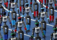 booster robotics humanoid robots walk in formation during the opening ceremony for the second world humanoid robot games at the national speed skating oval in beijing china august 22 2026 photo reuters