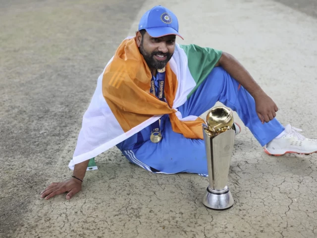 indian captain rohit after winning the icc champions trophy 2025 photo courtesy ap indian captain rohit after winning the icc champions trophy 2025 photo courtesy ap