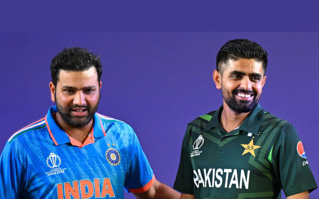 india s captain rohit sharma left with pakistan skipper babar azam stand beside the trophy during the captains day event at the narendra modi stadium in ahmedabad india on october 4 2023 photo afp india s captain rohit sharma left with pakistan skipper babar azam stand beside the trophy during the captains day event at the narendra modi stadium in ahmedabad india on october 4 2023 photo afp
