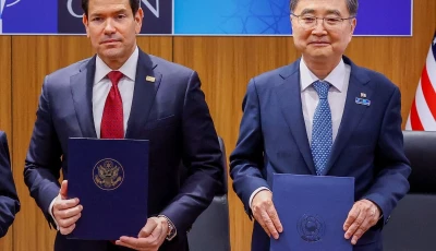 us secretary of state marco rubio poses for a photo with south korean foreign minister cho hyun during a trilateral meeting on the sidelines of the nato leaders summit in ankara turkey july 7 2026 photo reuters