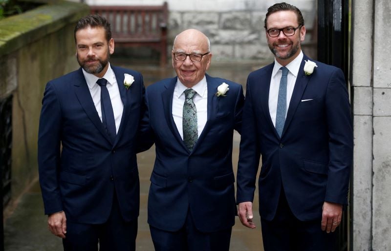 lachlan murdoch left rupert murdoch and james murdoch arrive at st bride s church for the celebration ceremony of the 2016 wedding of rupert murdoch and jerry hall in london photo reuters