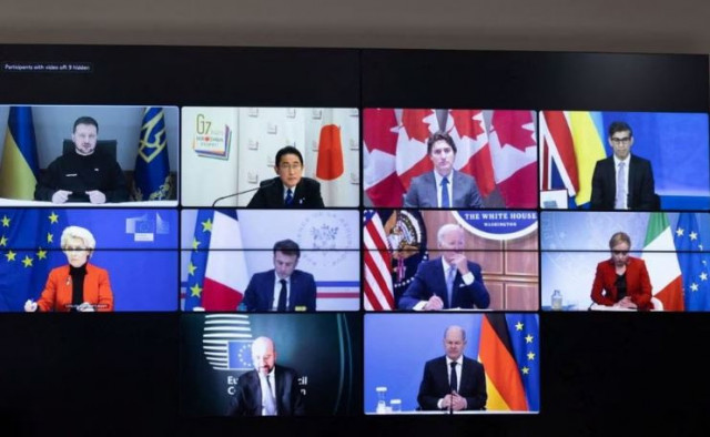 ukraine s president volodymyr zelenskiy attends a working session of g7 leaders via video link on the day of the first anniversary of russia s attack on ukraine in kyiv ukraine february 24 2023 ukrainian presidential press service handout photo reuters ukraine s president volodymyr zelenskiy attends a working session of g7 leaders via video link on the day of the first anniversary of russia s attack on ukraine in kyiv ukraine february 24 2023 ukrainian presidential press service handout photo reuters