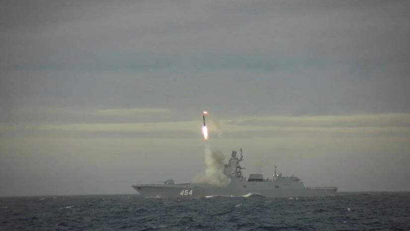 a hypersonic zircon cruise missile is fired from the guided missile frigate admiral gorshkov during a test at the barents sea in this still image taken from a video released may 28 2022 photo reuters