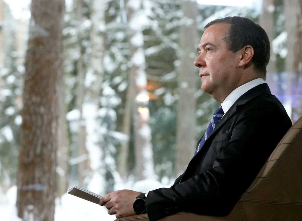 deputy chairman of russia s security council dmitry medvedev gives an interview at the gorki state residence outside moscow russia january 25 2022 picture taken january 25 2022 sputnik yulia zyryanova pool via reuters