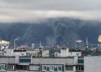 1 2 thick plumes of smoke with flames rise from an oil refinery following what the authorities say is a ukrainian drone strike in the course of russia ukraine conflict in moscow russia june 18 2026 in this picture obtained from social media social media via reuters