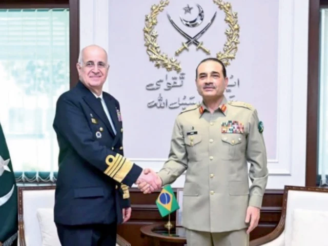 cdf field marshal asim munir shakes hands with brazil chief of the joint staff of the armed forces admiral renato rodrigues de aguiar freire at ghq in rawalpindi photo ispr cdf field marshal asim munir shakes hands with brazil chief of the joint staff of the armed forces admiral renato rodrigues de aguiar freire at ghq in rawalpindi photo ispr
