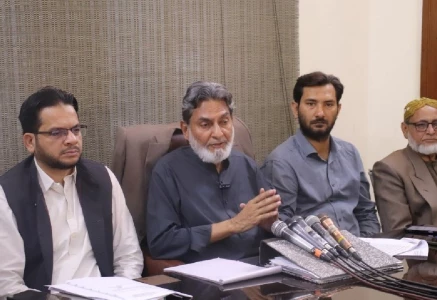 leader of opposition in the karachi metropolitan corporation kmc city council saifuddin advocate addresses a press conference at kmc office on friday photo x