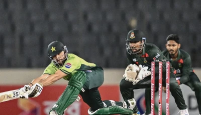 salman ali agha plays a sweep shot during the third odi against bangladesh at dhaka s sher e bangla national stadium on sunday photo afp