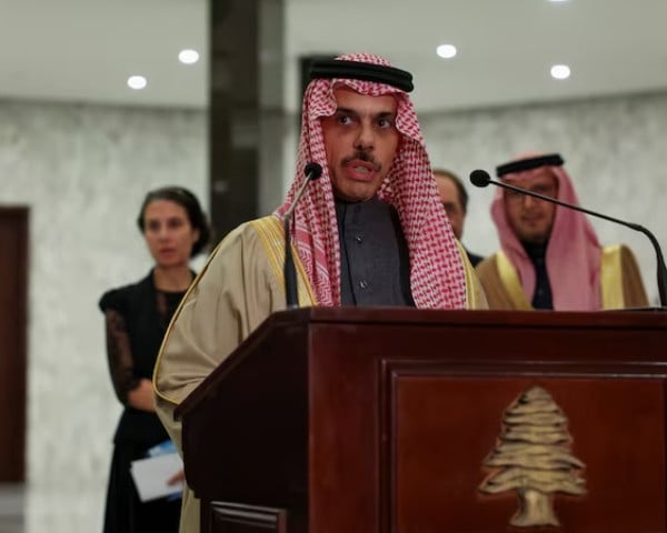 saudi arabia s foreign minister prince faisal bin farhan al saud speaks as he meets with lebanese president joseph aoun not pictured at the presidential palace in baabda lebanon january 23 2025 photo reuters