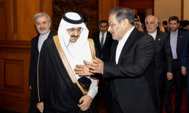 saudi minister of state and national security adviser musaed bin mohammed al aiban meets the iranian rear admiral ali shamkhani the secretary of the supreme national security council in beijing china march 10 2023 photo reuters saudi minister of state and national security adviser musaed bin mohammed al aiban meets the iranian rear admiral ali shamkhani the secretary of the supreme national security council in beijing china march 10 2023 photo reuters
