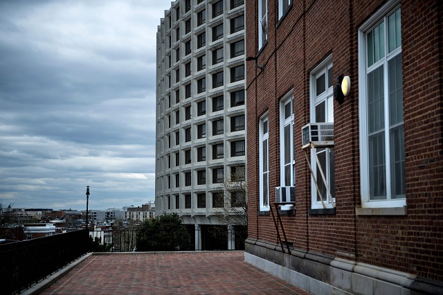 The Washington Hilton is seen near a former Civil Defense fallout shelter beneath the Oyster-Adams School April 17, 2018 in Washington, DC. In a long-abandoned nuclear fallout shelter in the heart of the US capital, museum curator Frank Blazich pries open a large, rusted can of crackers bearing the date 