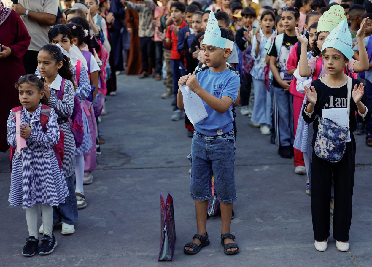 Palestinian students attend their first day of the new school year at an UNRWA school in Nuseirat, in the central Gaza Strip, September 19, 2026.PHOTO: REUTERS