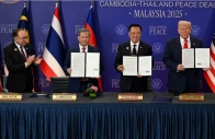 malaysia s prime minister anwar ibrahim applauds as cambodia s prime minister hun manet thailand s prime minister anutin charnvirakul and u s president donald trump hold up documents during the ceremonial signing of a ceasefire agreement between thailand and cambodia source reuters