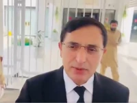 pakistan tehreek e insaf pti chairman barrister gohar khan speaking to the media at parliament house photo screengrab