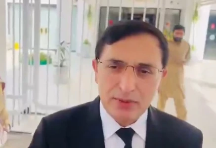 pakistan tehreek e insaf pti chairman barrister gohar khan speaking to the media at parliament house photo screengrab