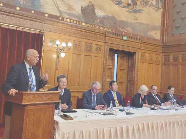 former senator mushahid hussain sayed delivers acceptance speech after being elected as the chairperson for asia europe political forum in budapest gungary photo express