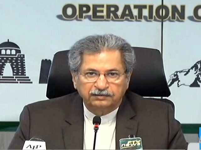 education minister shafqat mahmood addressing a presser following a meeting of ncoc in islamabad on march 24 2021 screengrab