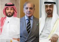 saudi crown prince mohammed bin salman l prime minister shehbaz sharif c and uae president mohammed bin zayed al nahyan