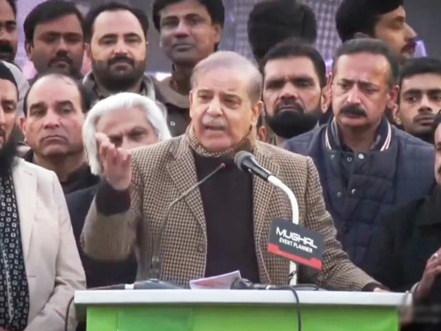 president of pakistan muslim league nawaz pml n shehbaz sharif speaking at a rally in mandi bahauddin on thursday january 25 2024 screengrab
