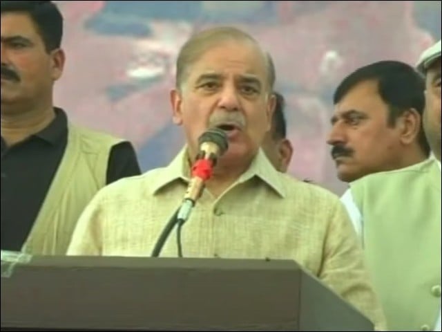 president of pml n and former prime minister shehbaz sharif speaking at a rally photo express