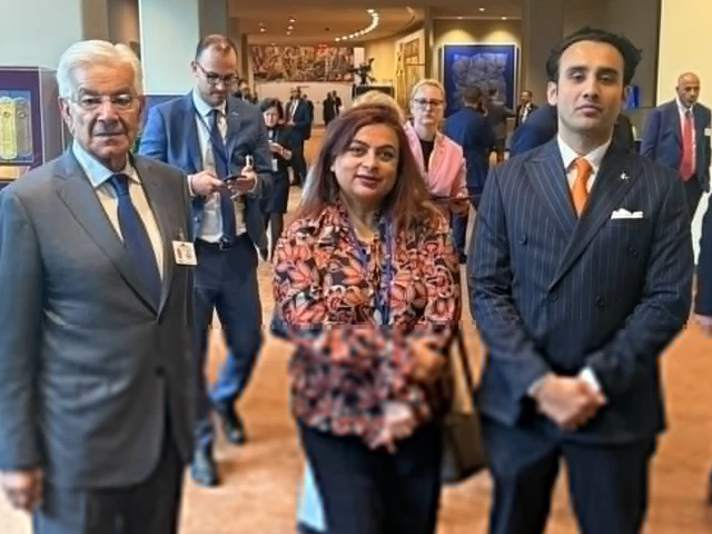 columnist shama junejo shared a photo on x from the un standing between defence minister khawaja asif left and minister for crypto bilal bin saqib right photo x
