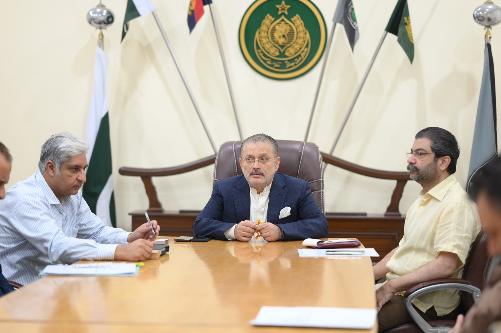 senior minister of sindh and provincial minister for excise taxation and narcotics control transport and mass transit sharjeel inam memon chairing a high level meeting in karachi on tuesday photo express