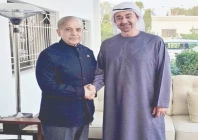 prime minister shehbaz sharif shakes hands with uae president sheikh mohamed bin zayed al nahyan during a meeting in rahim yar khan photo express