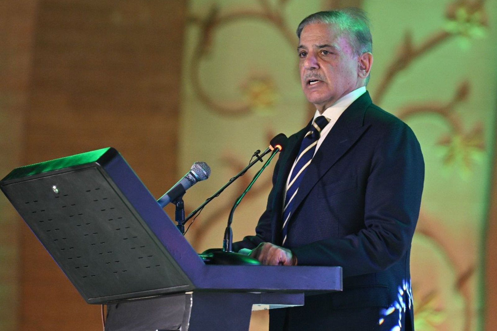 Prime Minister Shehbaz Sharif speaking during a Youm-e-Tashakur ceremony to commemorate Operation Bunyanum Marsoos in Islamabad on May 16, 2025. Photo: ISPR
